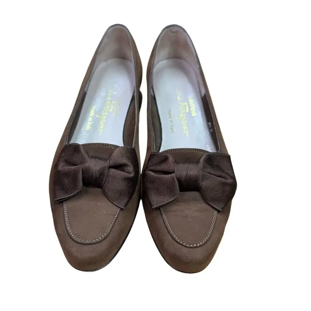 Vintage Salvatore Ferragamo Boutique Bow Loafers Womens 6.5 Brown Suede Flats